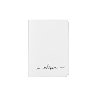 Black White Modern Script Girly Monogram Name Passport Holder