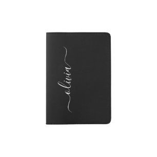 Black White Modern Script Girly Monogram Name Passport Holder