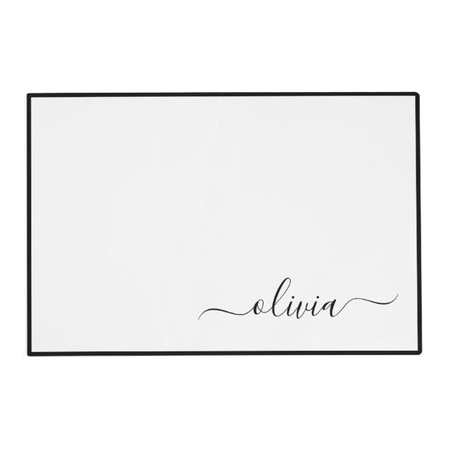 Black White Modern Script Girly Monogram Name Placemat (Front)