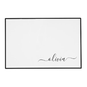 Black White Modern Script Girly Monogram Name Placemat
