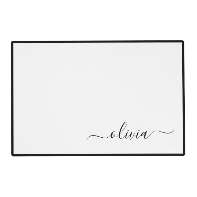 Black White Modern Script Girly Monogram Name Placemat (Front)