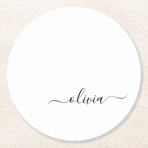 Black White Modern Script Girly Monogram Name Round Paper Coaster