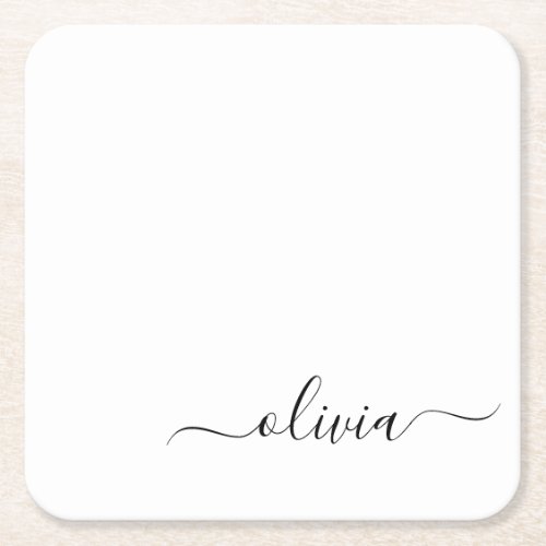 Black White Modern Script Girly Monogram Name Square Paper Coaster