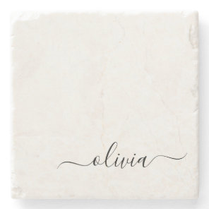 Black White Modern Script Girly Monogram Name Stone Coaster