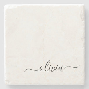 Black White Modern Script Girly Monogram Name Stone Coaster