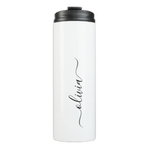 Black White Modern Script Girly Monogram Name Thermal Tumbler