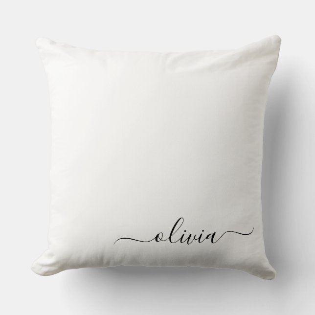 Black White Modern Script Girly Monogram Name Throw Pillow (Front)