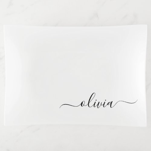 Black White Modern Script Girly Monogram Name Trinket Tray