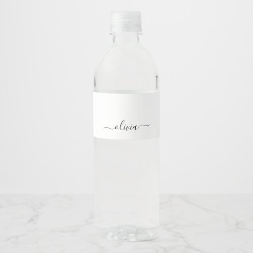 Black White Modern Script Girly Monogram Name Water Bottle Label