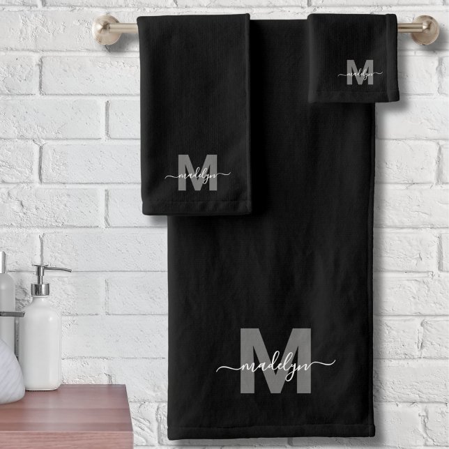 Black White Modern Script Name Monogram Bath Towel Set (Black White Modern Script Name Monogram Bath Towel Set)