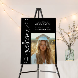 Black White Modern Script Photo Grad Party Welcome Foam Board