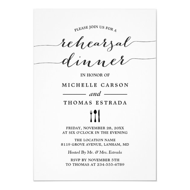 Black White Modern Script Wedding Rehearsal Dinner Invitation