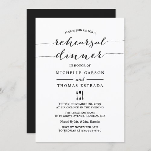 Black White Modern Script Wedding Rehearsal Dinner Invitation - Create your perfect invitation with this pre-designed templates, you can easily personalize it to be uniquely yours. For further customization, please click the "customize further" link and use our easy-to-use design tool to modify this template. If you prefer Thicker papers / Matte Finish, you may consider to choose the Matte Paper Type.