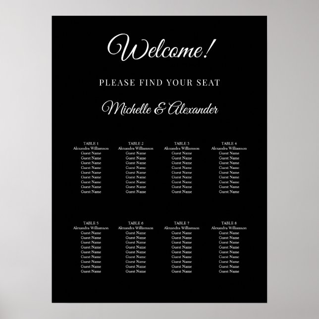 Black white modern script wedding seating chart (Front)