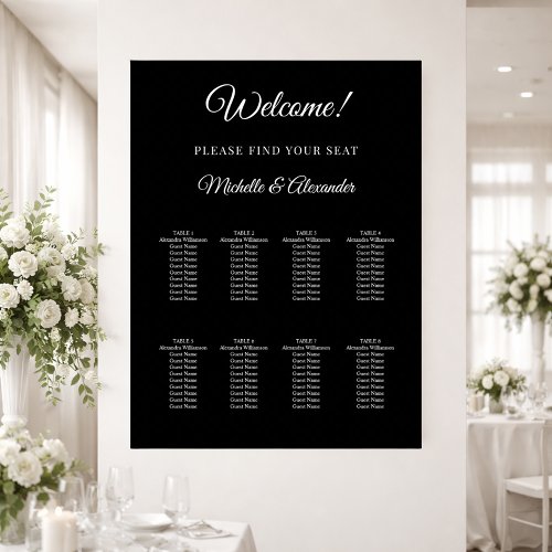 Black white modern script wedding seating chart