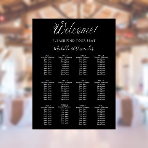 Black white modern script wedding seating chart