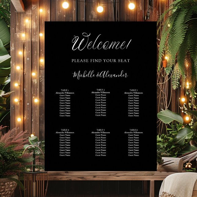 Black white modern script wedding seating chart (Creator Uploaded)
