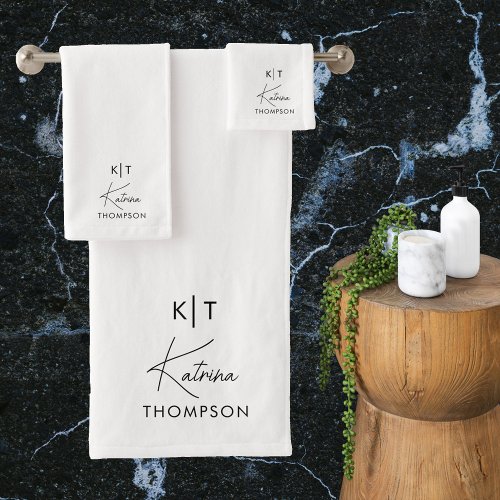 Black  White Modern Signature Script Monogram Bath Towel Set