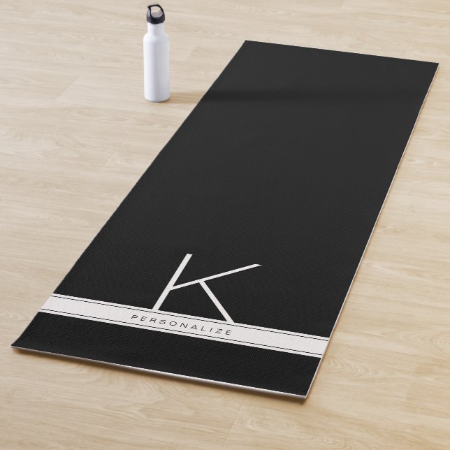 Black White Modern Simple Monogram Name Yoga Mat (In Situ)