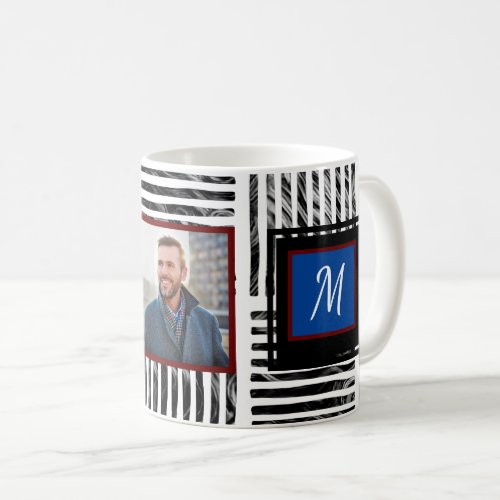 Black White Modern Stripe Pattern Photo Monogram Coffee Mug