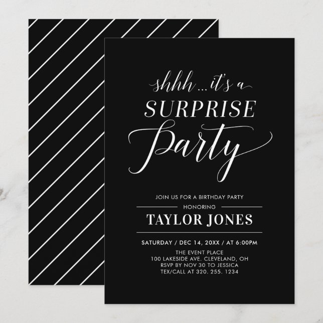 Black & White | Modern Surprise Birthday Party Inv Invitation (Front/Back)