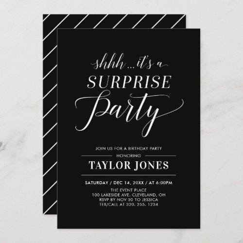 Black  White  Modern Surprise Birthday Party Inv Invitation