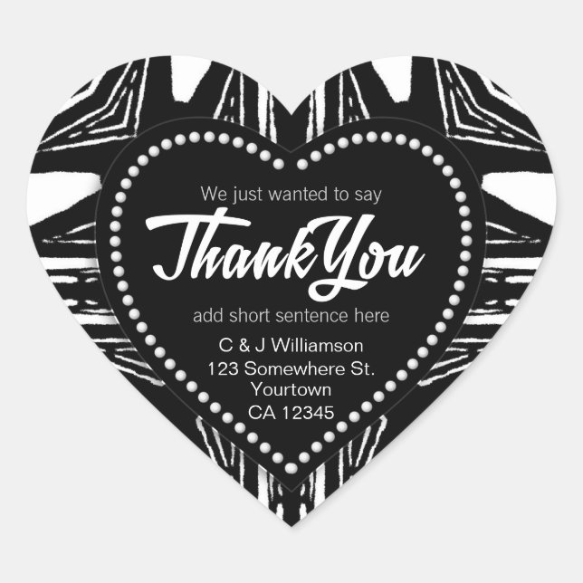 Black White Modern Tribal Thank You Heart Heart Sticker (Front)