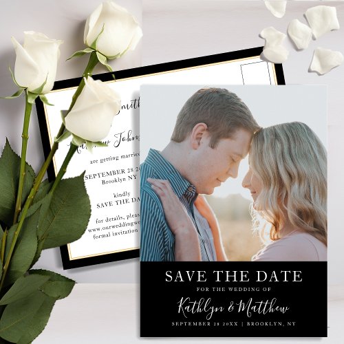 Black  White Modern Typography Photo Wedding Announcement Postcard