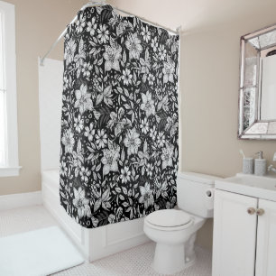Black White Modern Vintage Botanical Floral Shower Curtain