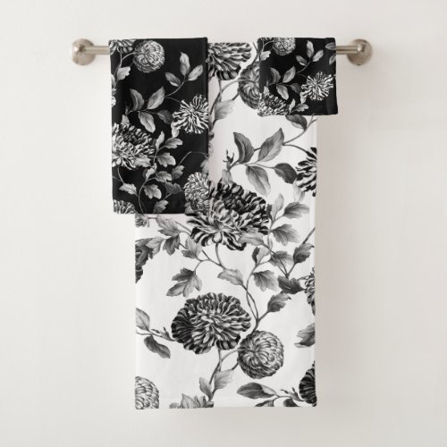 Black White Modern Vintage Botanical Floral Toile Bath Towel Set