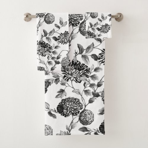 Black White Modern Vintage Botanical Floral Toile Bath Towel Set