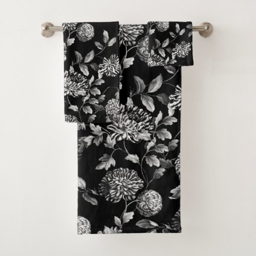 Black White Modern Vintage Botanical Floral Toile Bath Towel Set