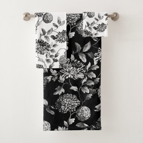 Black White Modern Vintage Botanical Floral Toile Bath Towel Set