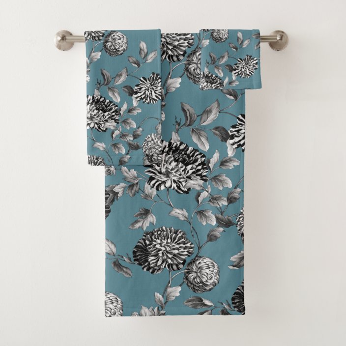 Black White Modern Vintage Floral Toile Teal Blue Bath Towel Set ...