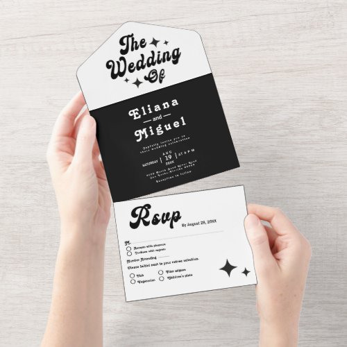  Black white  Modern Vintage retro script Wedding  All In One Invitation