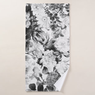 Black white modern watercolor country floral bath towel