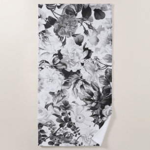 Black white modern watercolor country floral beach towel