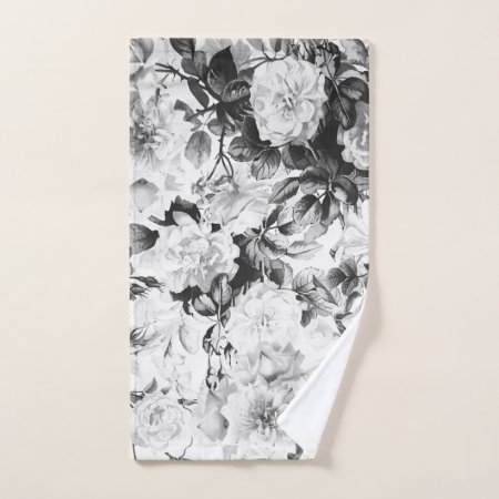 Black White Modern Watercolor Country Floral Hand Towel