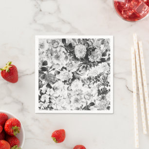 Black white modern watercolor country floral napkins