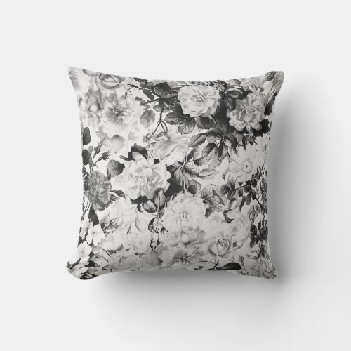 Black white modern watercolor country floral throw pillow