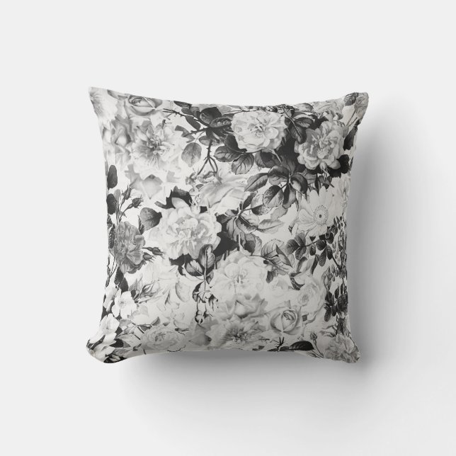 Black white modern watercolor country floral throw pillow (Front)