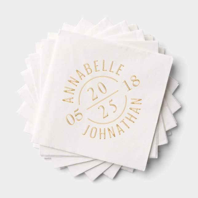 Black White Modern Wedding Badge Names and Date Foil Napkins (Insitu (Stacked))