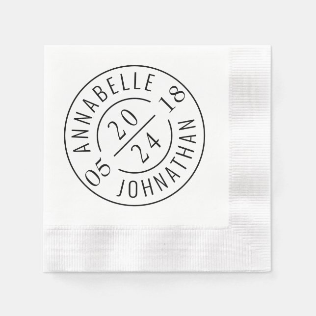 Black White Modern Wedding Badge Names and Date Napkins (Front)