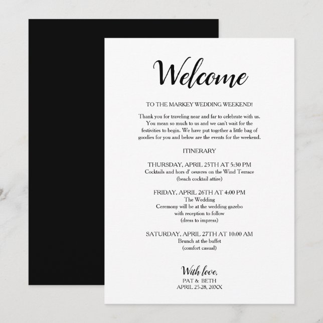 Black & white modern Wedding Weekend Itinerary Invitation (Front/Back)