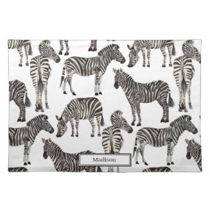 Black White Modern Zebra Pattern Monogram Name Cloth Placemat