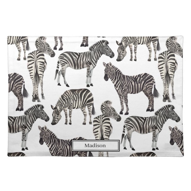 Black White Modern Zebra Pattern Monogram Name Cloth Placemat (Front)