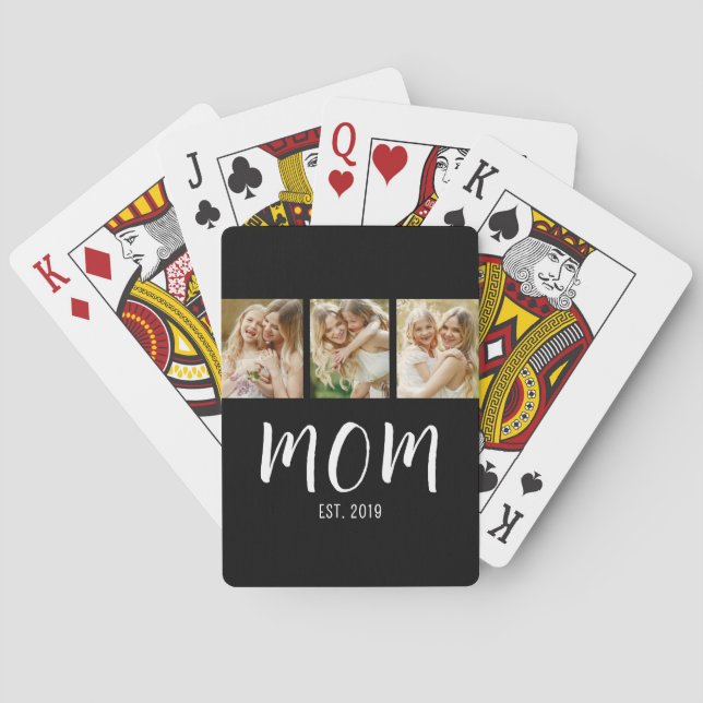 Black White Mom Established Script 3 Photo Elegant Poker Cards (Back)