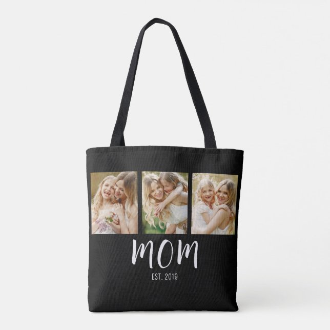 Black White Mom Established Script 3 Photo Elegant Tote Bag (Back)