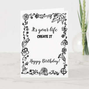 Black White Monochrome Boho Floral Doodle Birthday Card