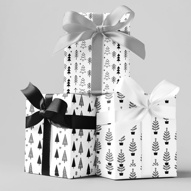 Black White Monochrome Christmas Trees Minimal  Wrapping Paper Sheets (Creator Uploaded)